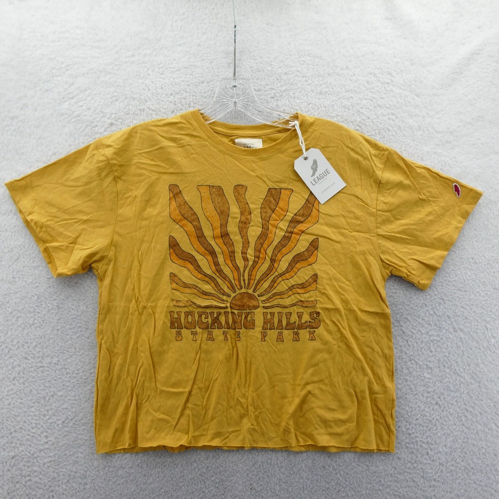 League Shirt Women Medium Hocking Hills State Park Yellow Graphic Cropped Cotton